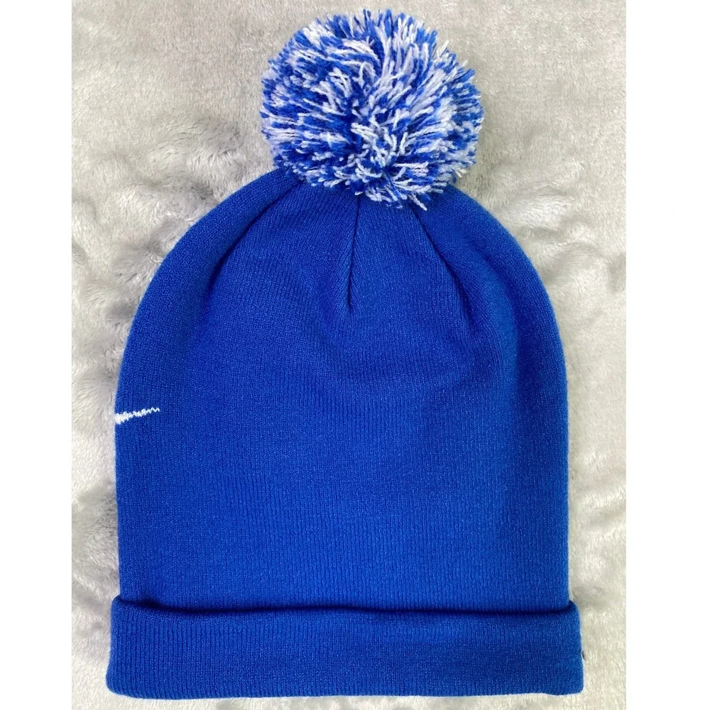 Nike Beanie Hat Kids Youth One Size Blue White Pom Pom Swoosh Logo 2695-U89